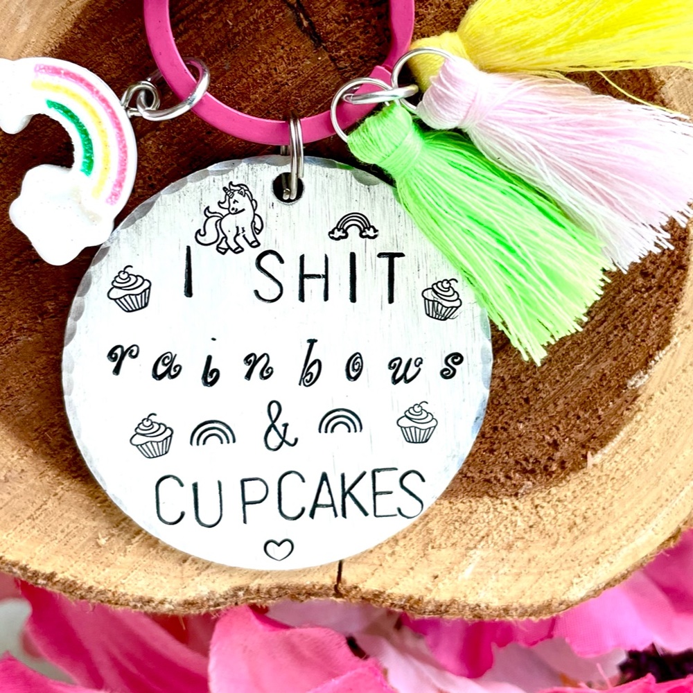 ADULT HUMOR - I Sh*t rainbows and cupcake. - Hand Stamped Keychain - Funny Gifts - Picture 2 of 5